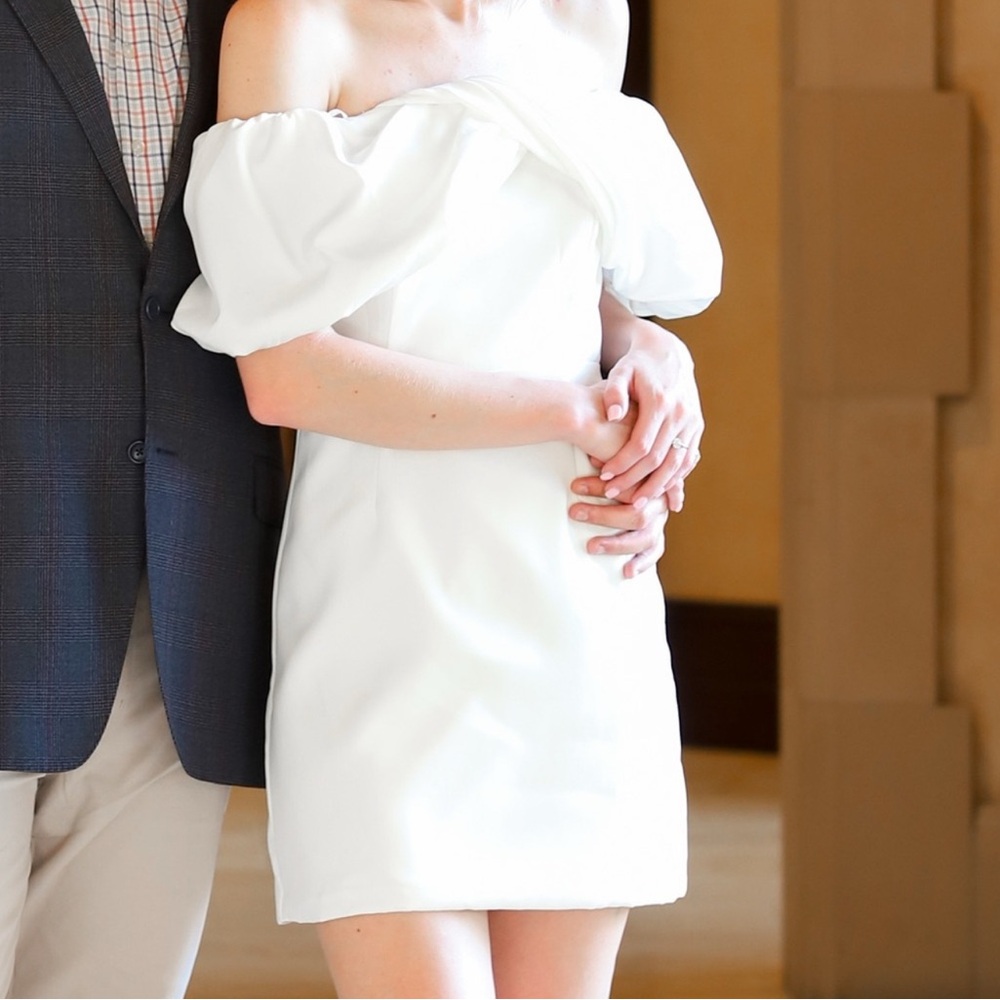 DO+BE White Off the Shoulder Puff Sleeve Dress Bridal Bachelorette Size Small